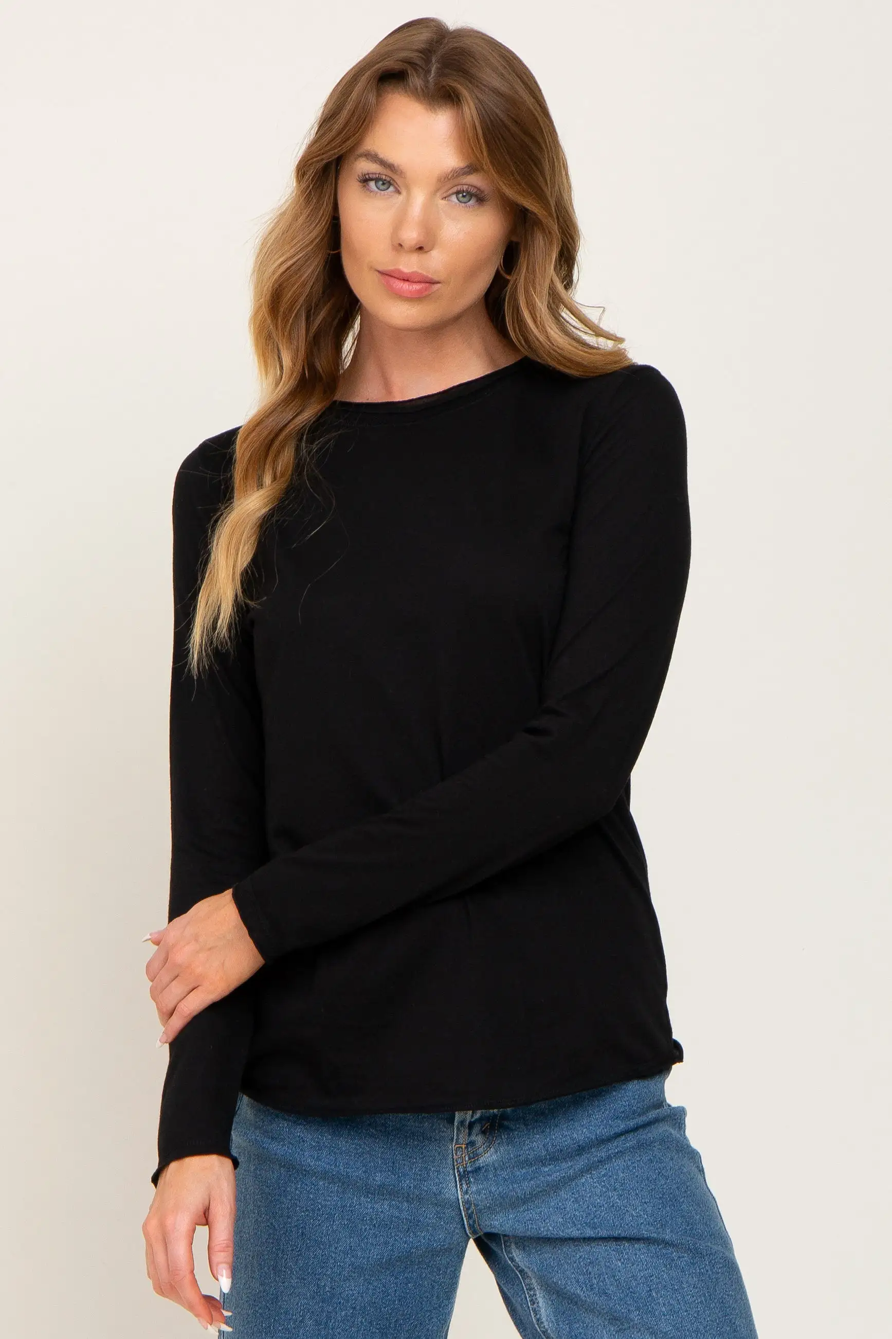 Black Basic Raw Hem Long Sleeve Top