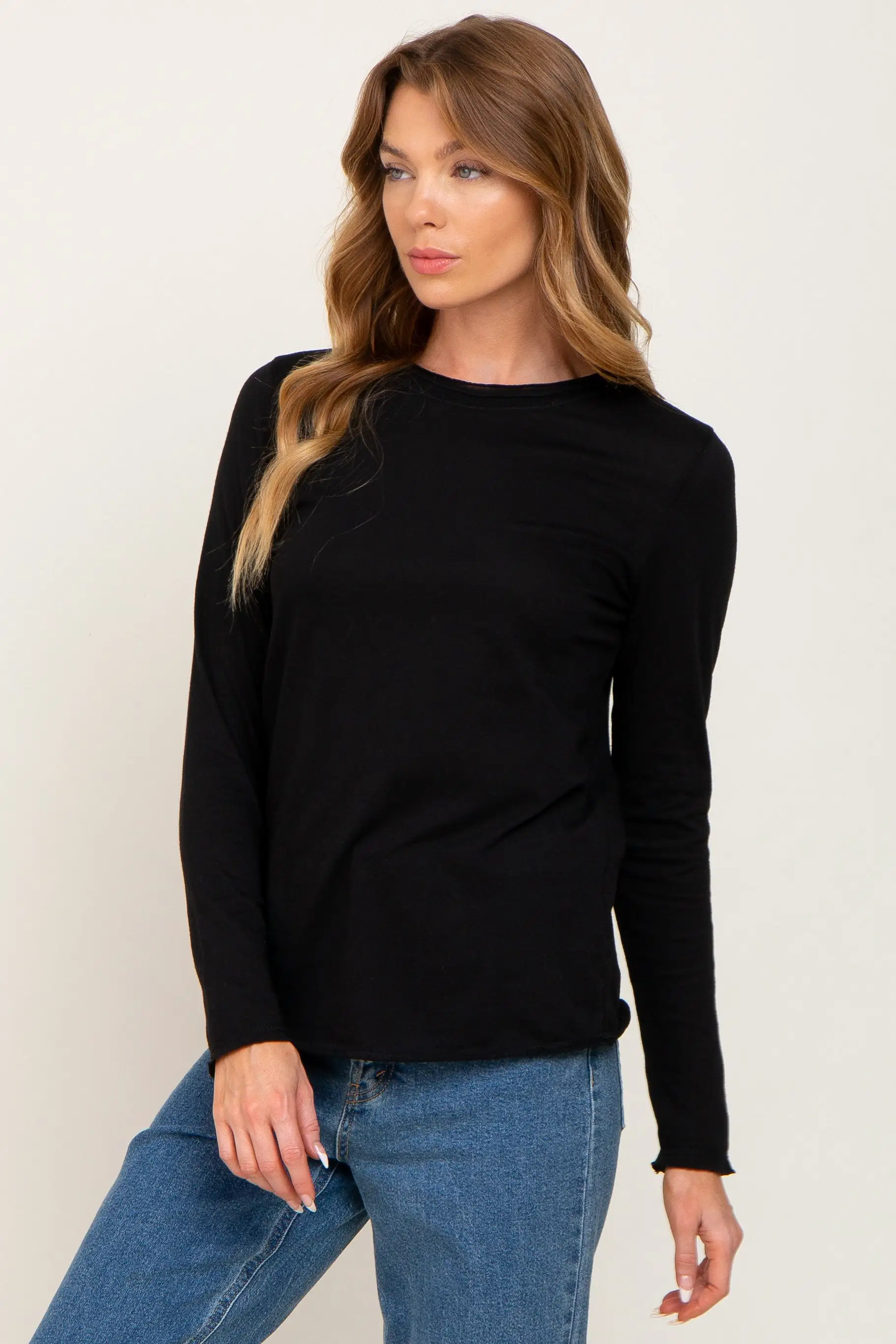 Black Basic Raw Hem Long Sleeve Top