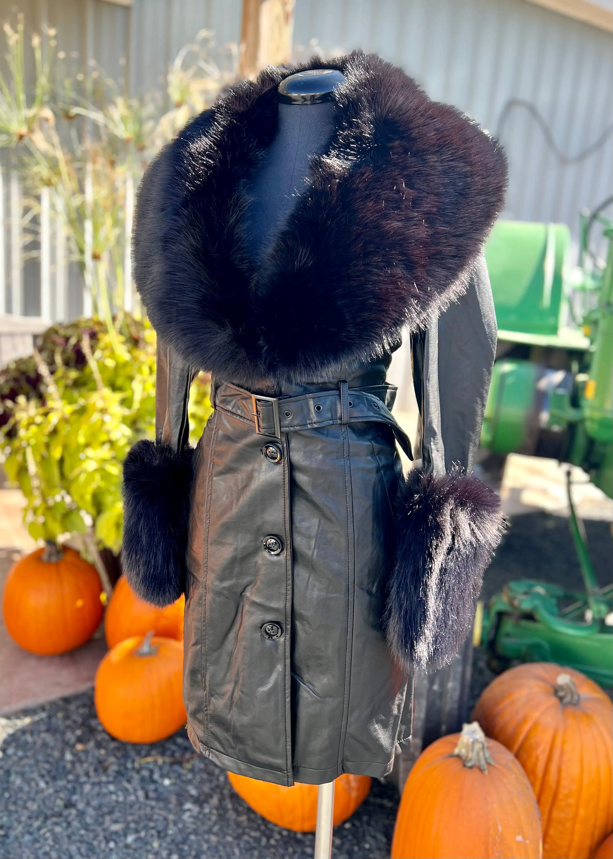 Black Fur Trimmed Jacket with Vegan Leather