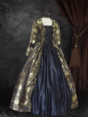 Black Gold  Retro Tudor Dress Costumes  Lace Up Satin Fabric Marie Antoinette Costume Floral Print Dress Women's Gothic Set Part