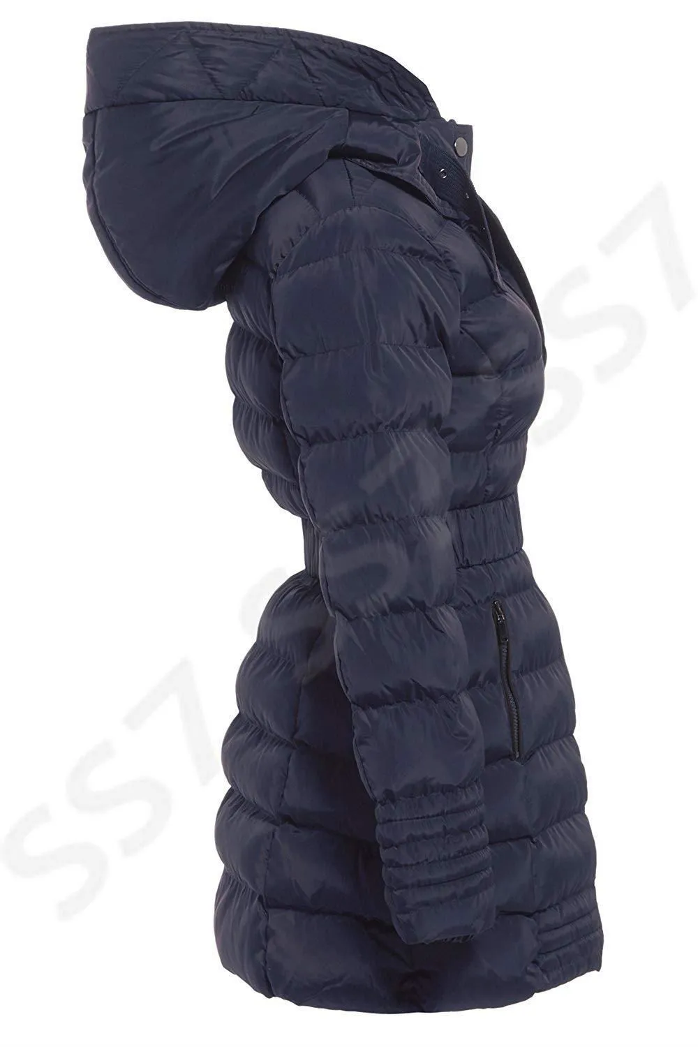 Black Padded and Quilted Parka with Fur lined Hood 