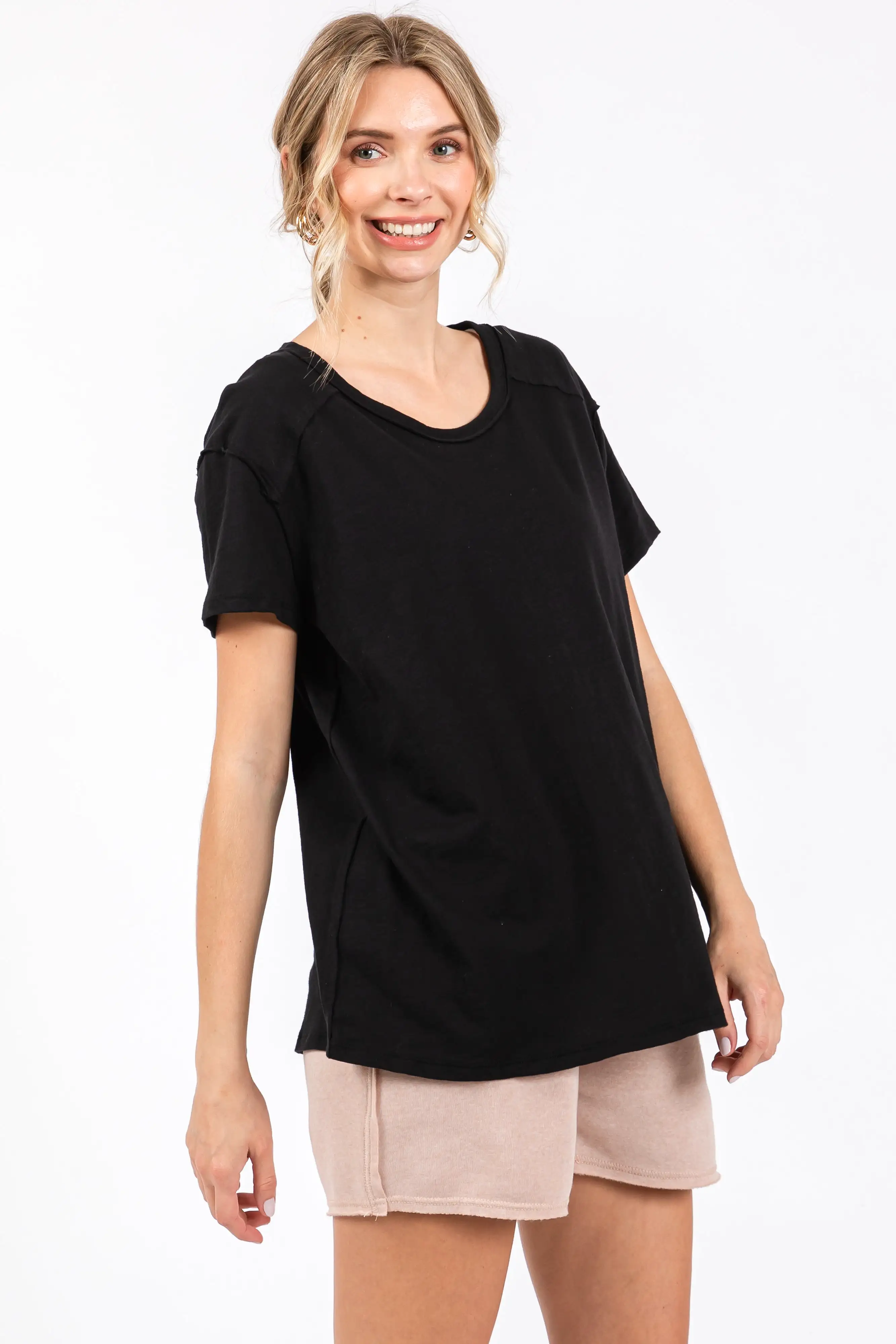 Black Raw Hem Short Sleeve Top