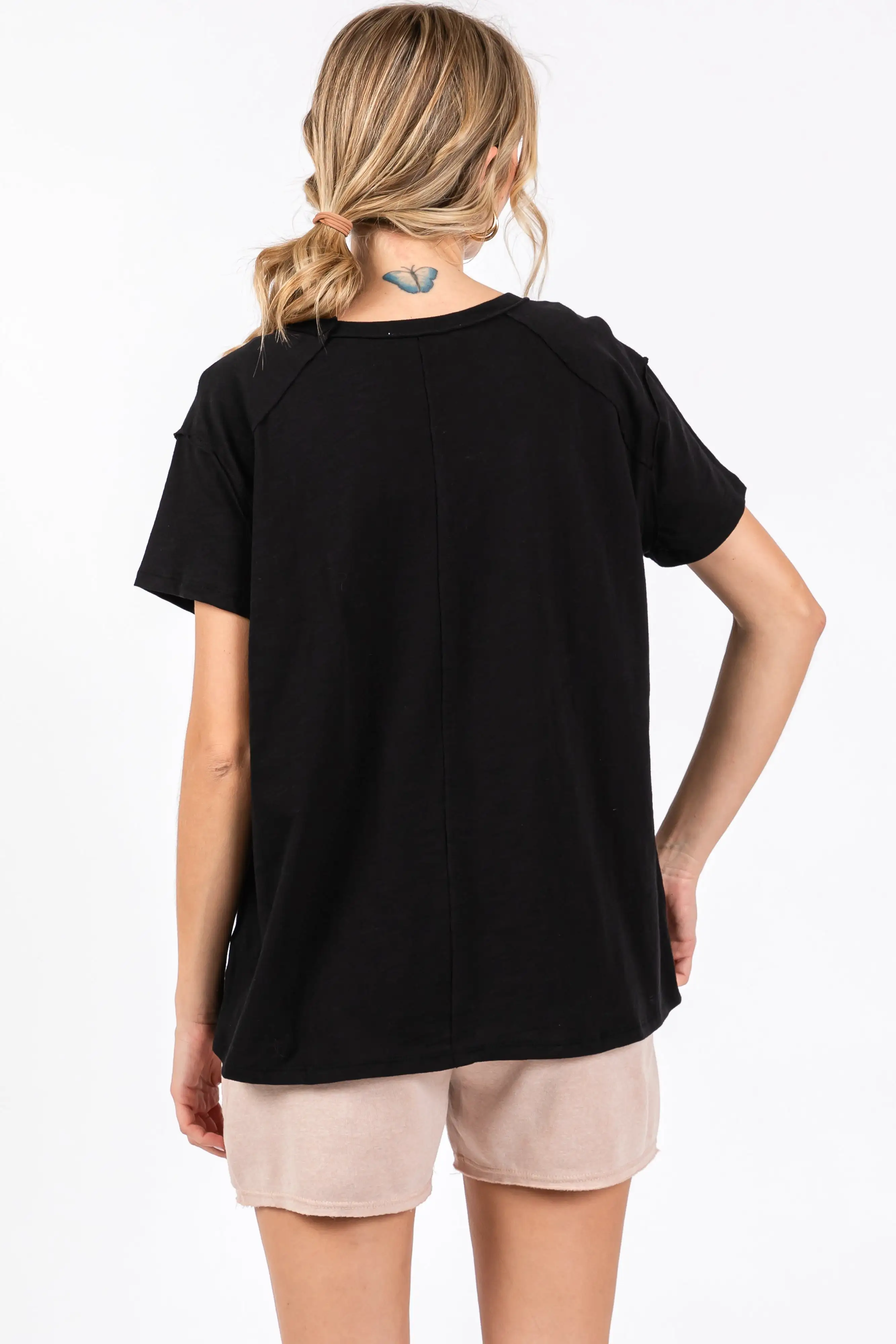 Black Raw Hem Short Sleeve Top