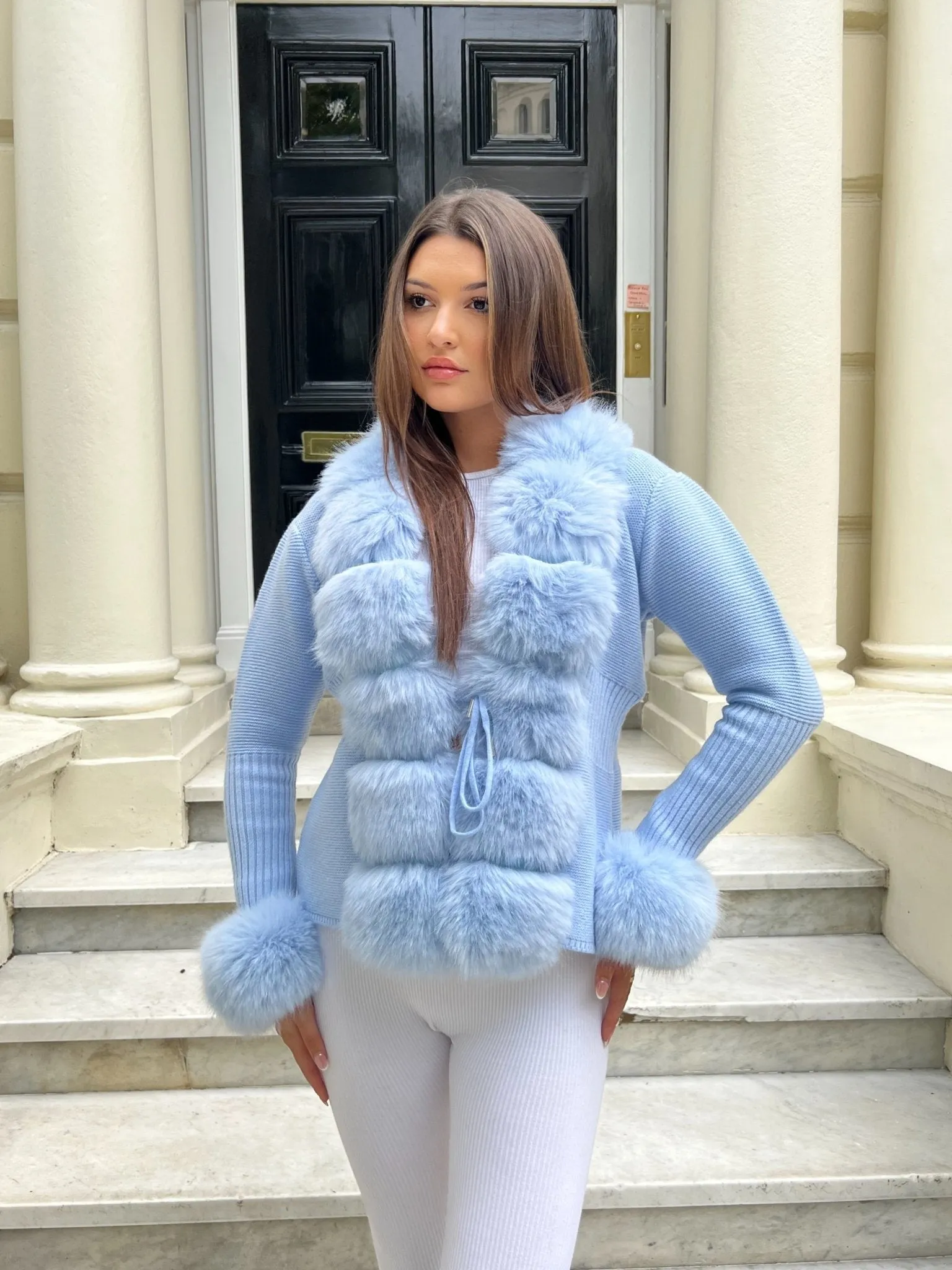 Blue Premium Faux Fur Trimmed Cardigan