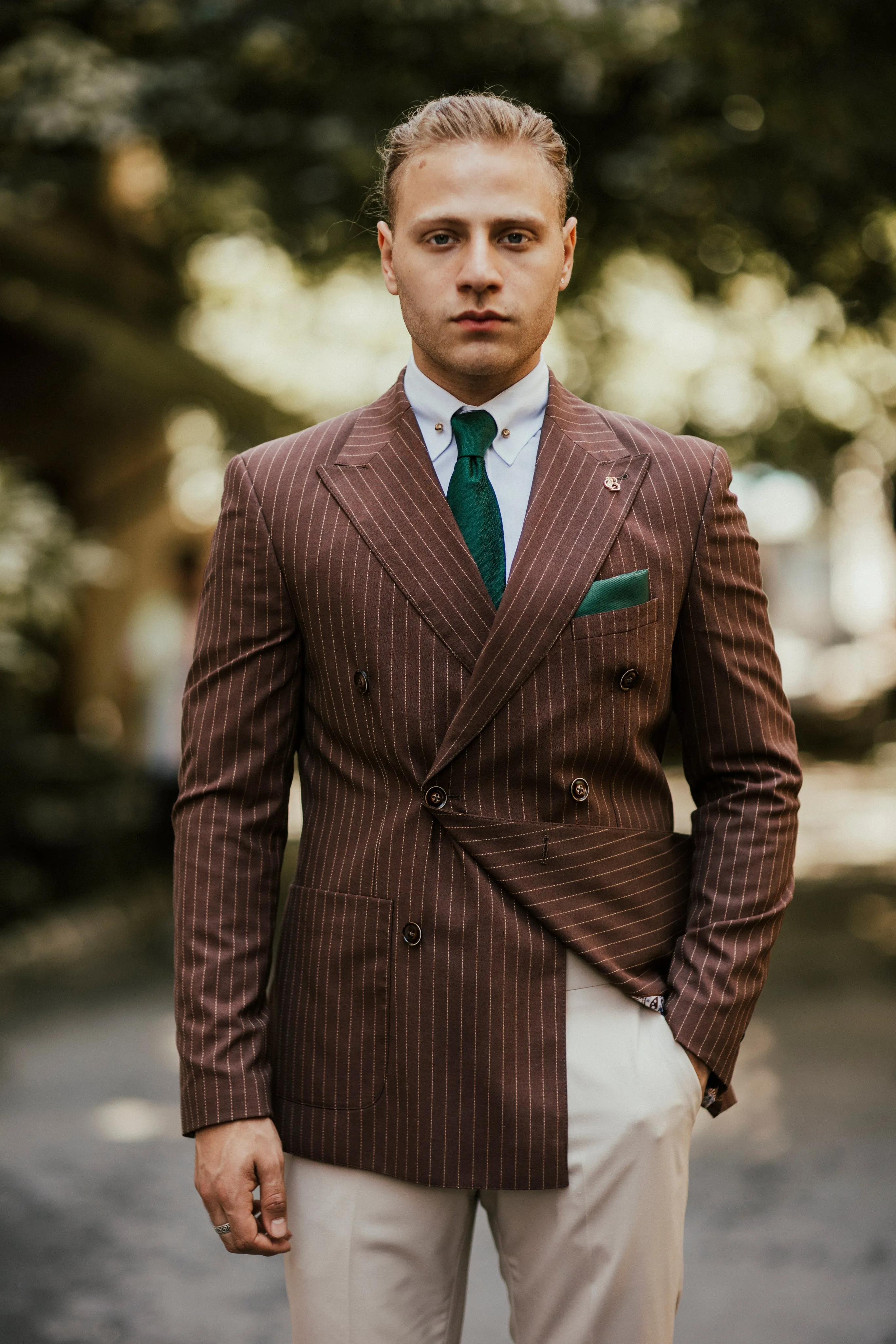 Bojoni Cagliari Brown Striped Double Breasted Suit 2-Piece