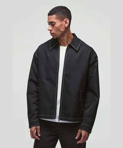 boohooMAN Mens Contrast Stitch MAN Tab Bomber Jacket in Black