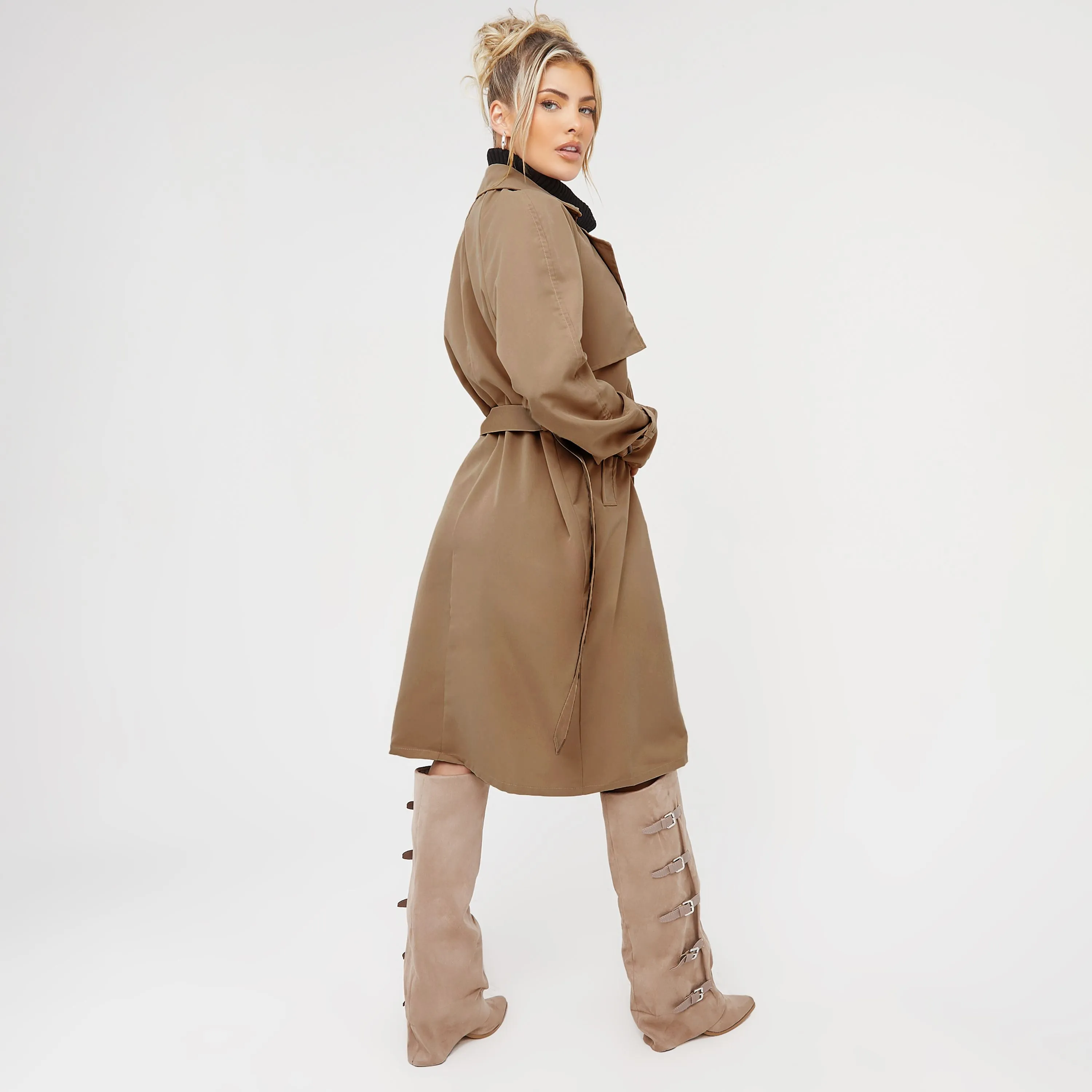 Button Detail Belted Midi Trench Coat In Beige