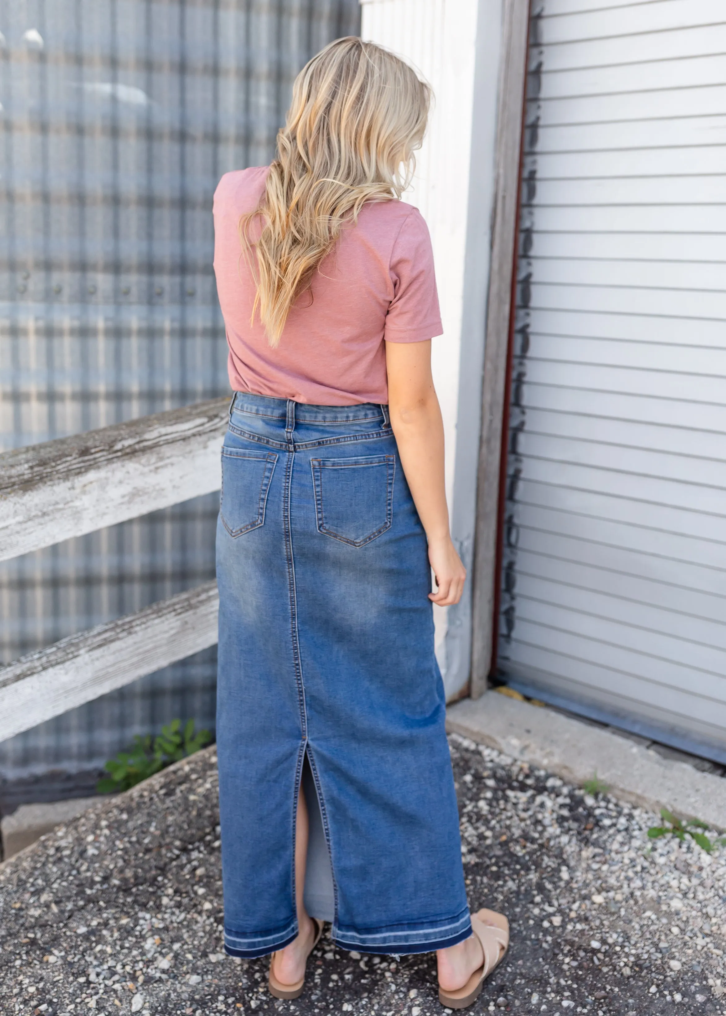 Cheyenne Distressed Raw Hem Long Denim Skirt - FINAL SALE