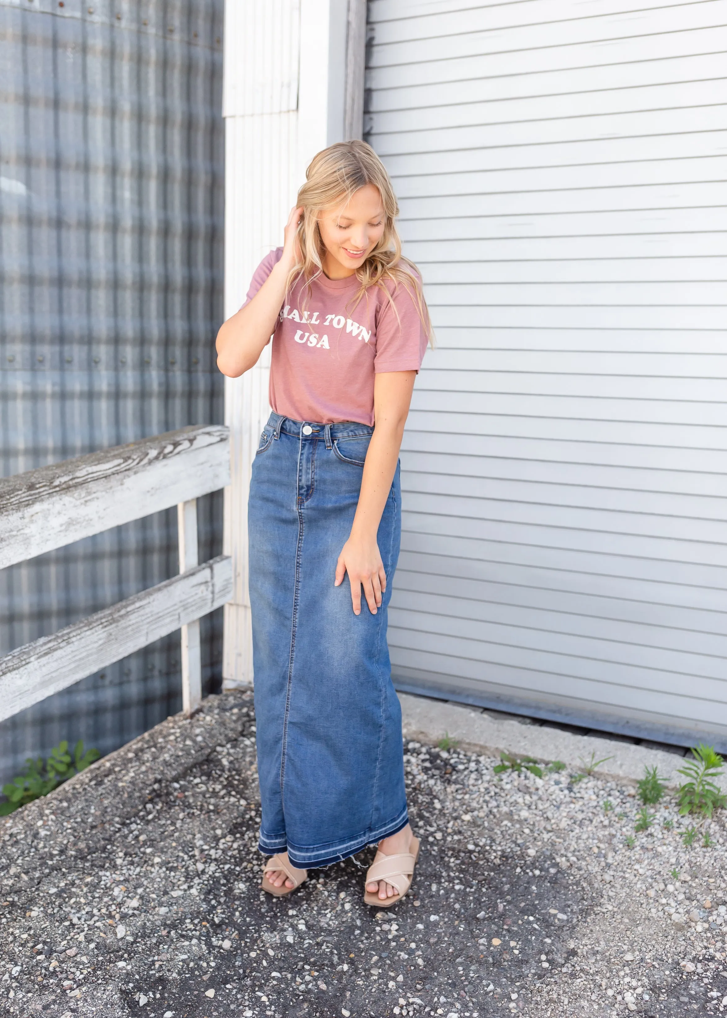 Cheyenne Distressed Raw Hem Long Denim Skirt - FINAL SALE