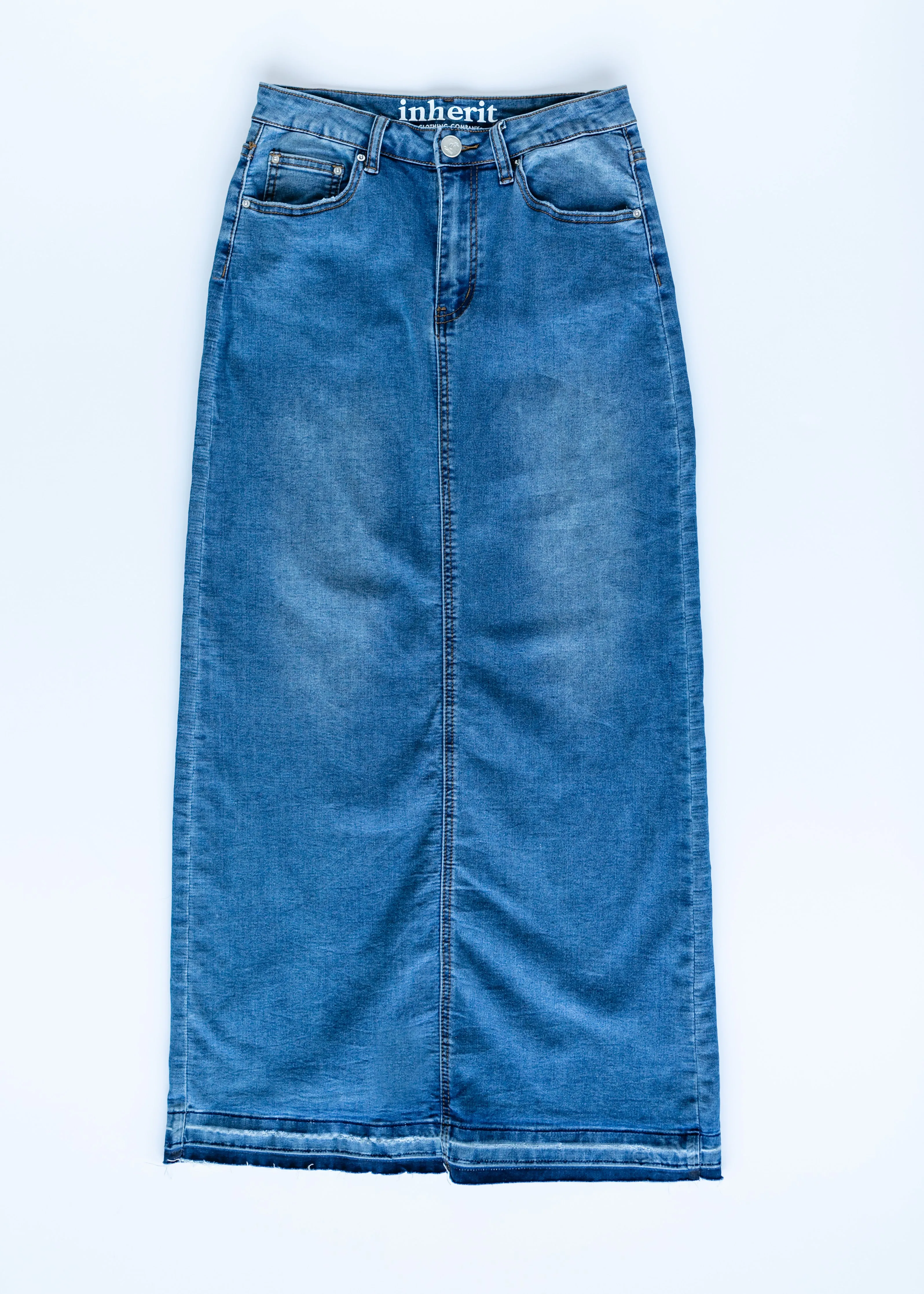 Cheyenne Distressed Raw Hem Long Denim Skirt - FINAL SALE