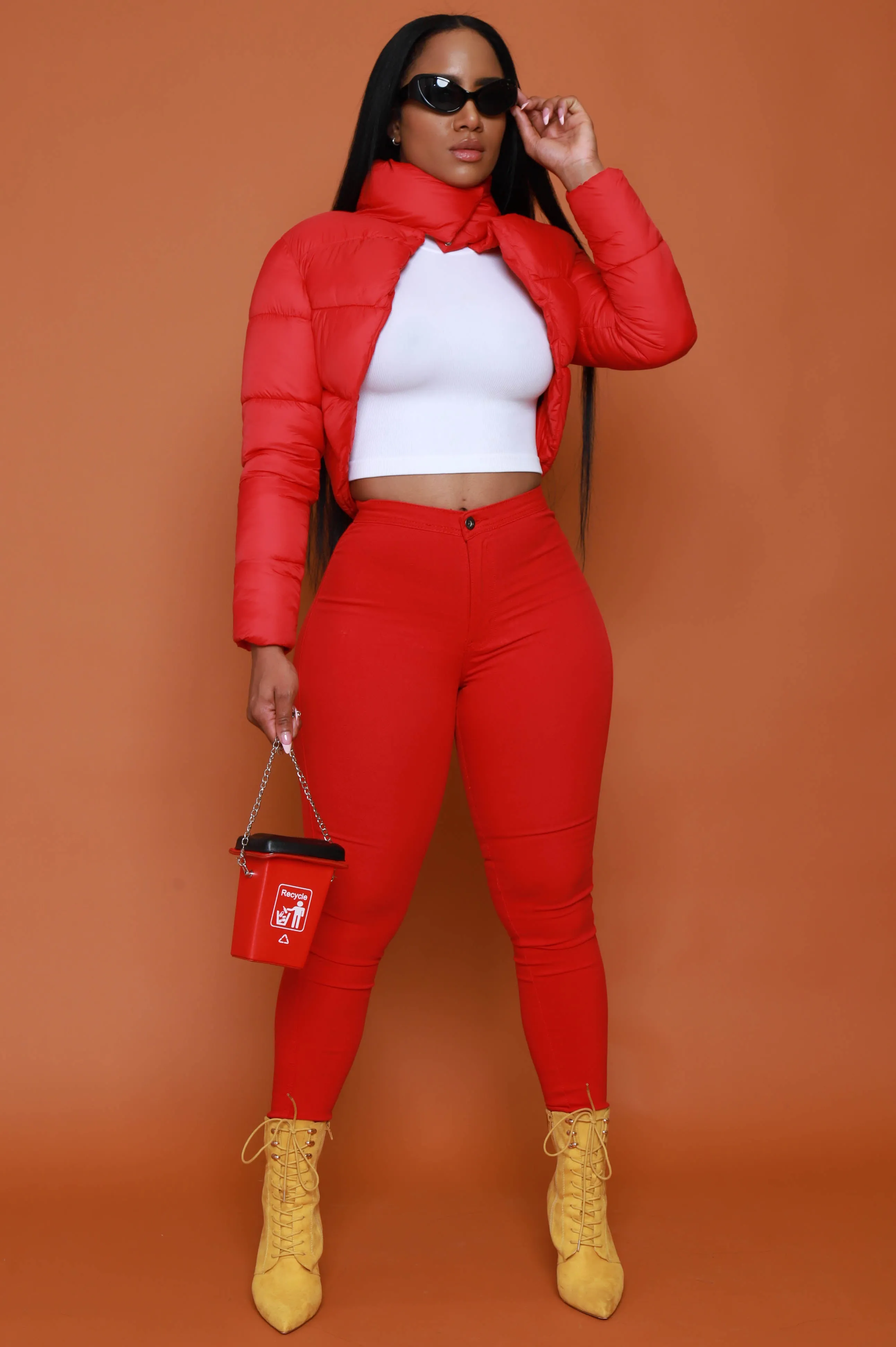 City Girls Cropped Puffer Coat - Red