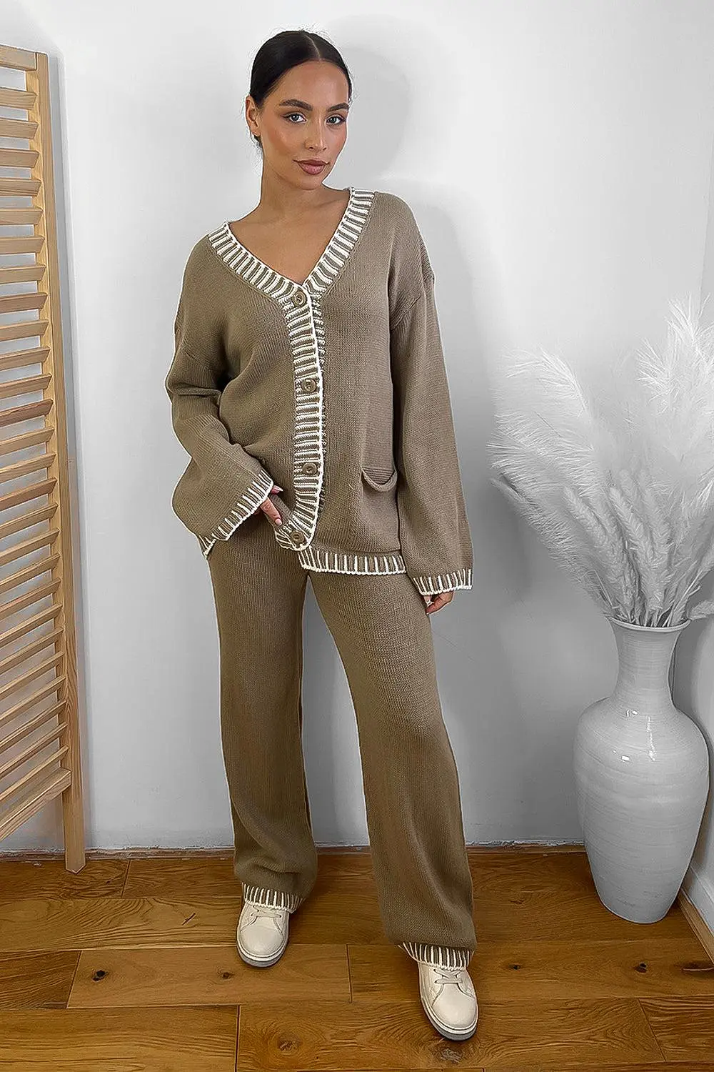 Contrast Stitch Effect Trim Knitted Leisure Set