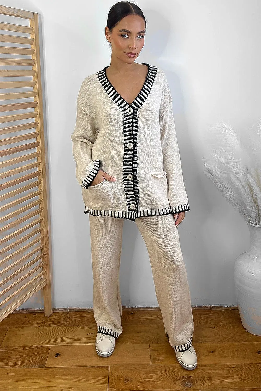 Contrast Stitch Effect Trim Knitted Leisure Set