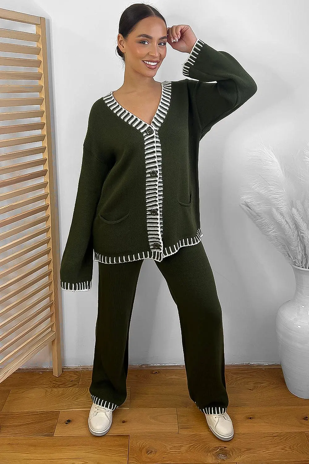 Contrast Stitch Effect Trim Knitted Leisure Set