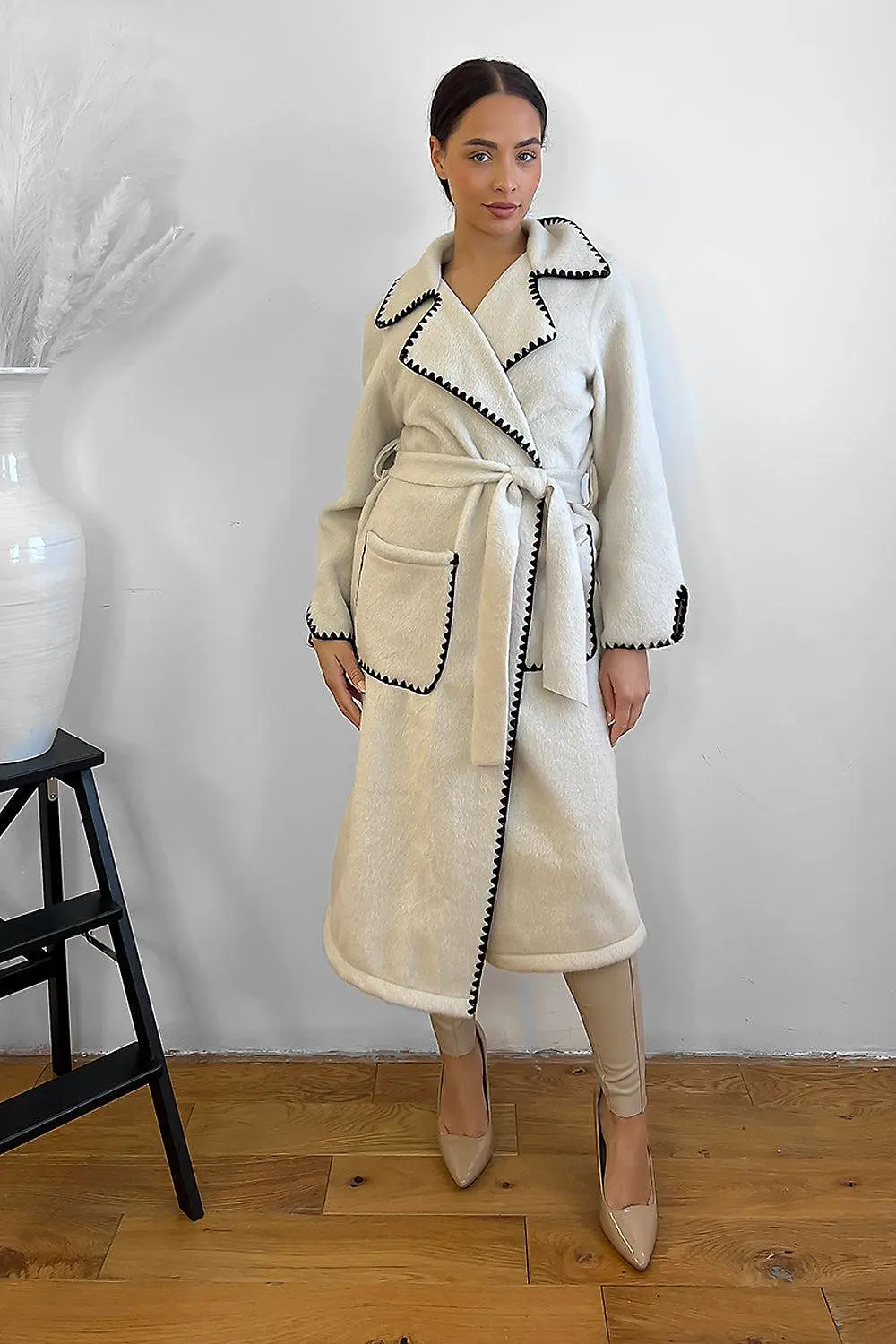 Contrast Stitch Felt Midi Tie Up Coat