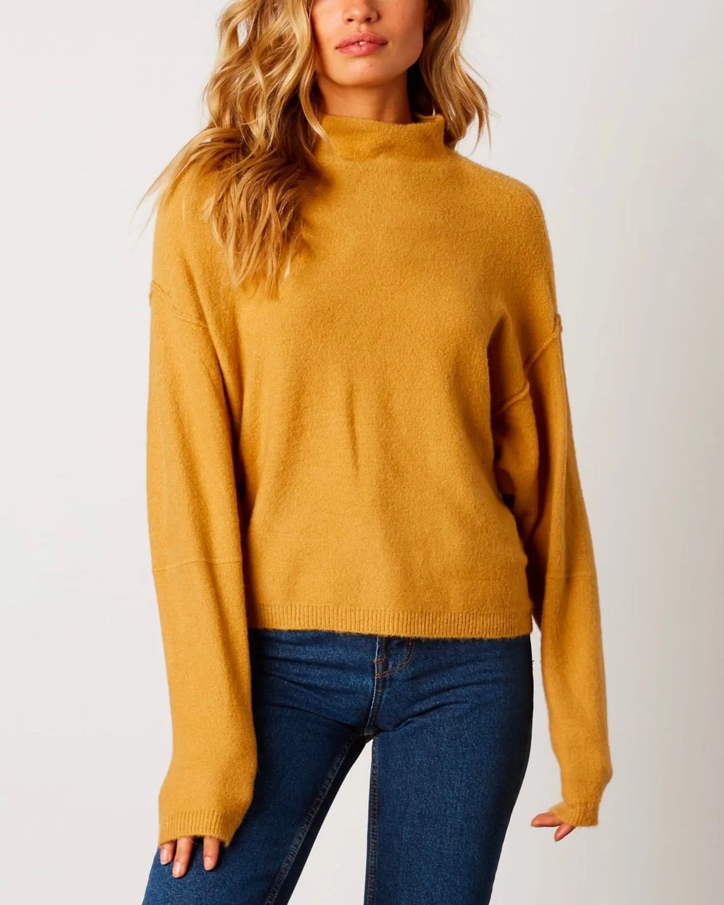 Cotton Candy LA - Mock Neck Ribbed Trim Dropped Shoulders Sweater in Honey