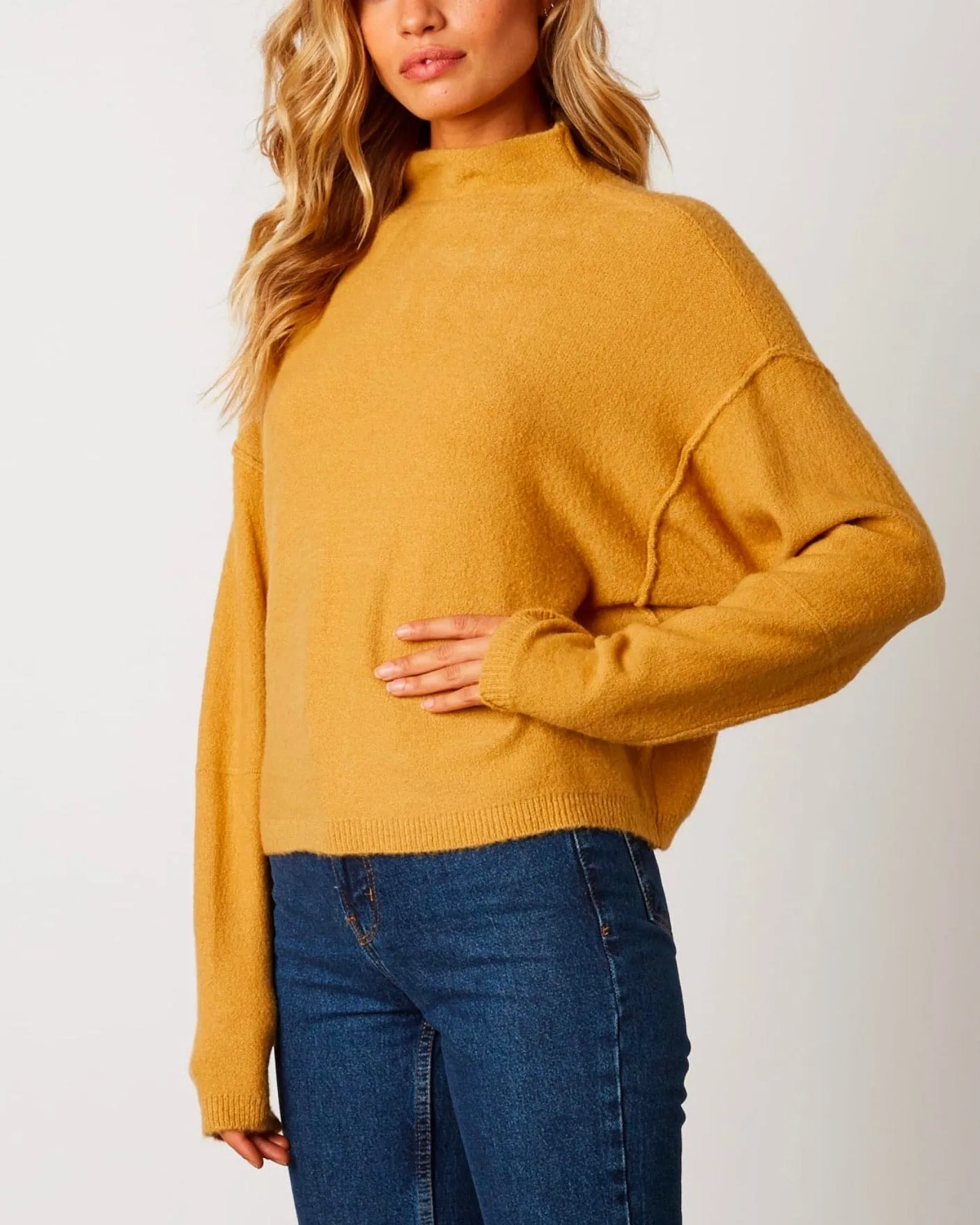 Cotton Candy LA - Mock Neck Ribbed Trim Dropped Shoulders Sweater in Honey