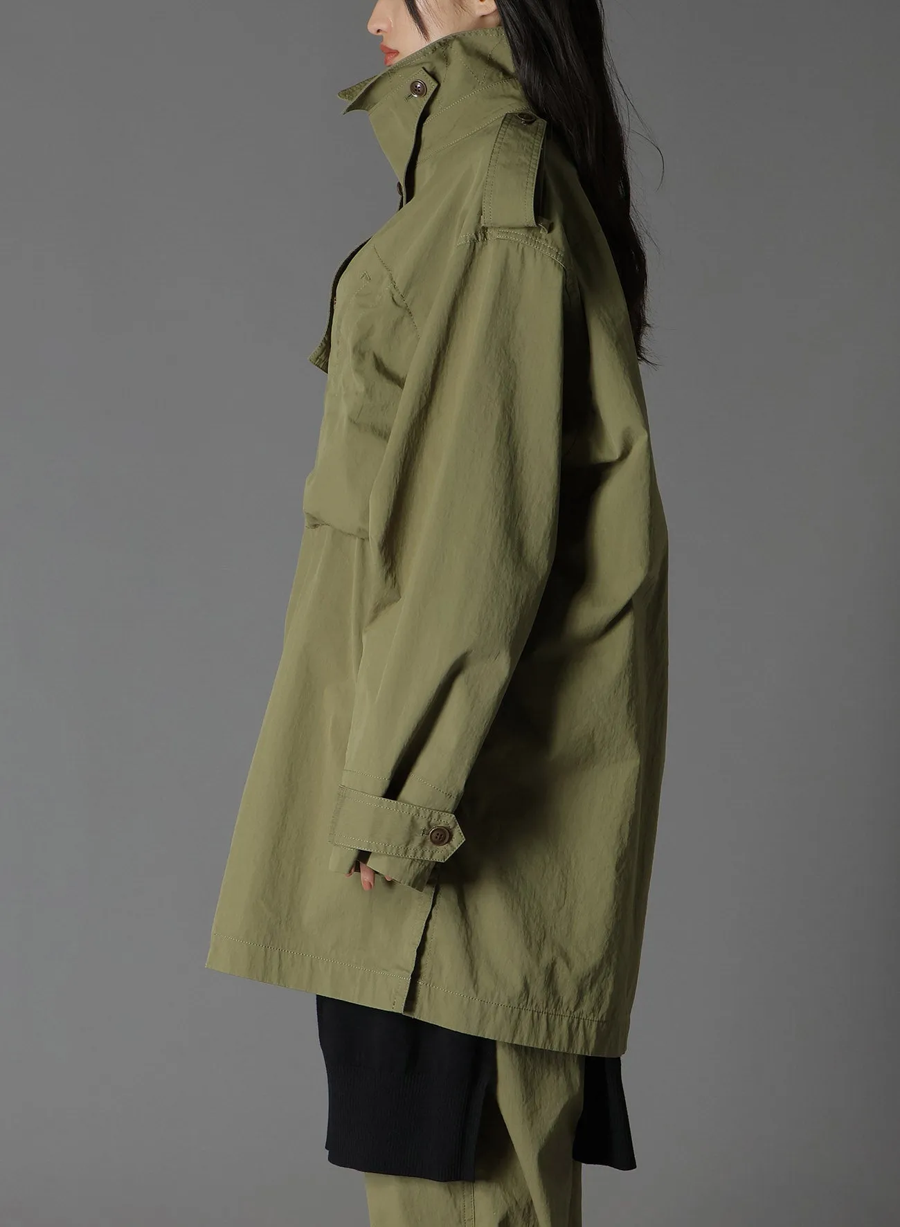 COTTON/NYLON OXFORD ZIPPER TRENCH COAT WITH FULLED WOOL GAUZE POCKETS