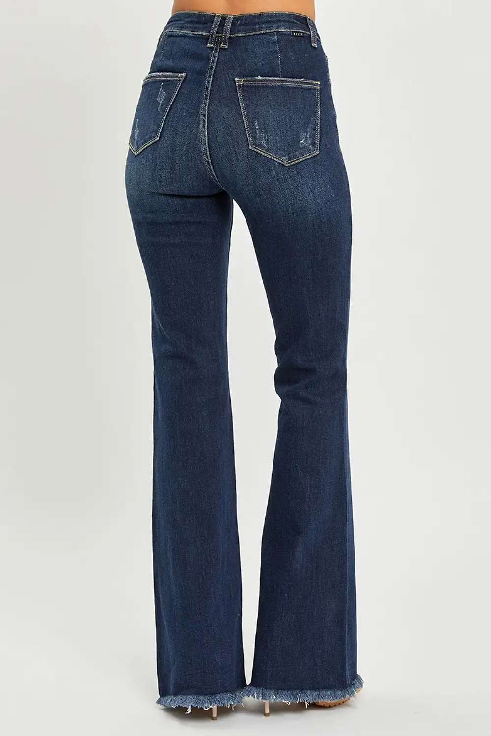 Dark Blue High Waist Raw Hem Flare Jeans