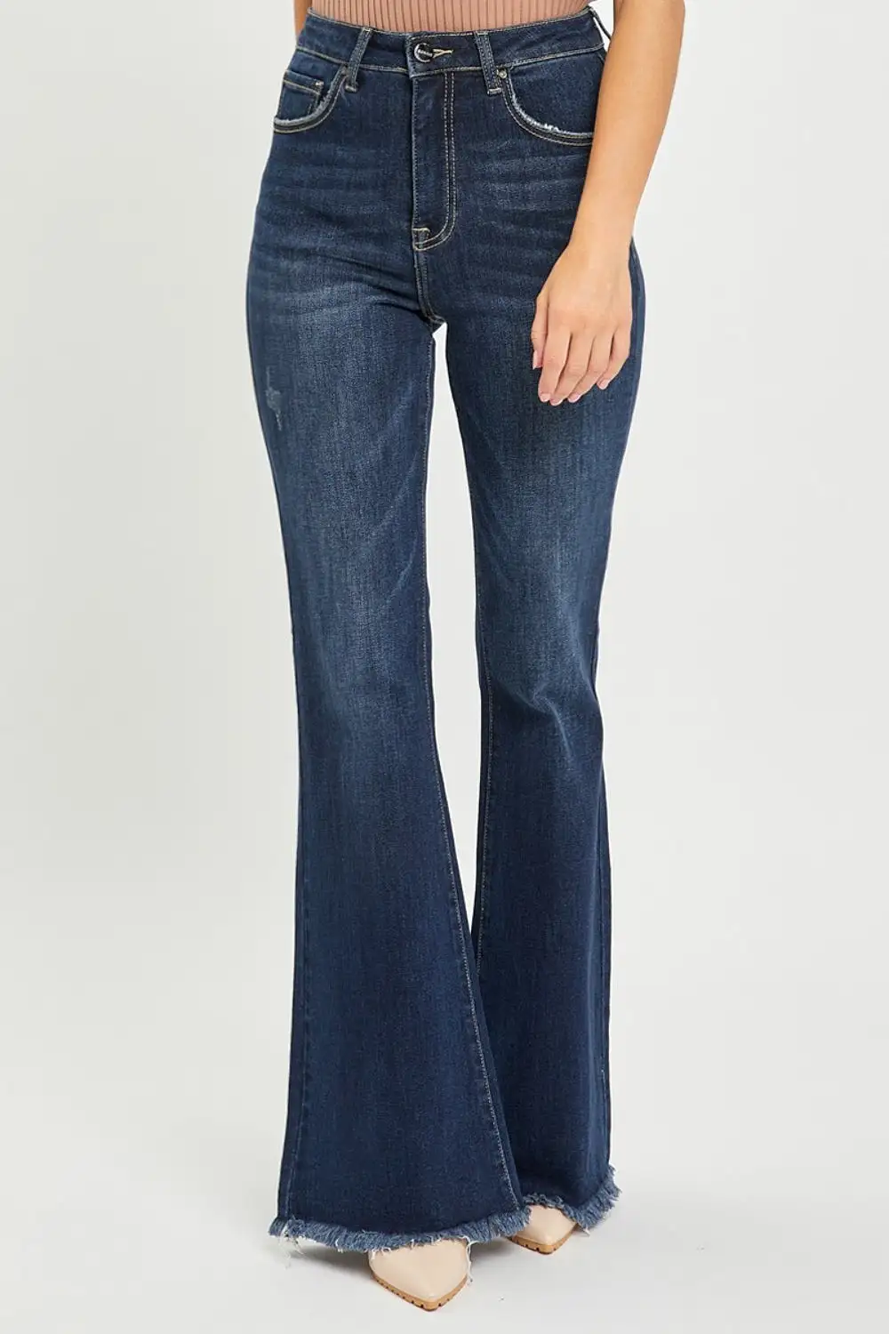 Dark Blue High Waist Raw Hem Flare Jeans