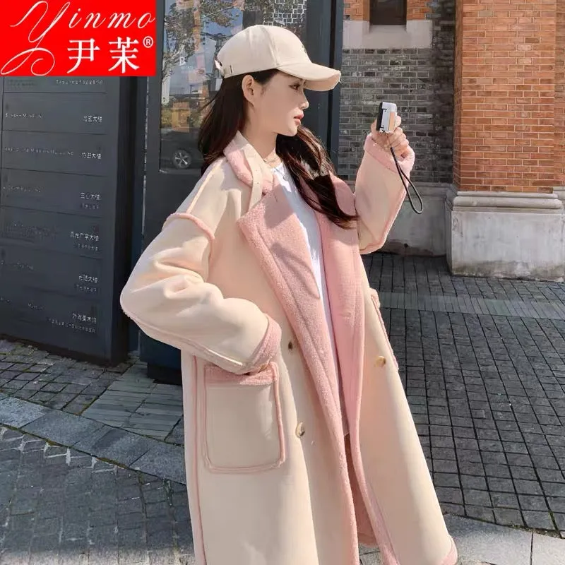 Designed lamb wool thickened coat for women 2023 winter atmospheric fur one-piece mid-length loose coat