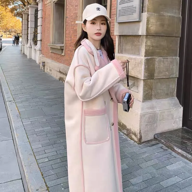 Designed lamb wool thickened coat for women 2023 winter atmospheric fur one-piece mid-length loose coat