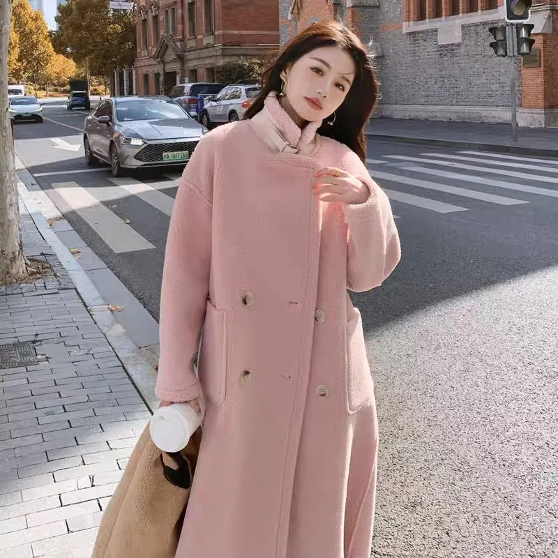 Designed lamb wool thickened coat for women 2023 winter atmospheric fur one-piece mid-length loose coat