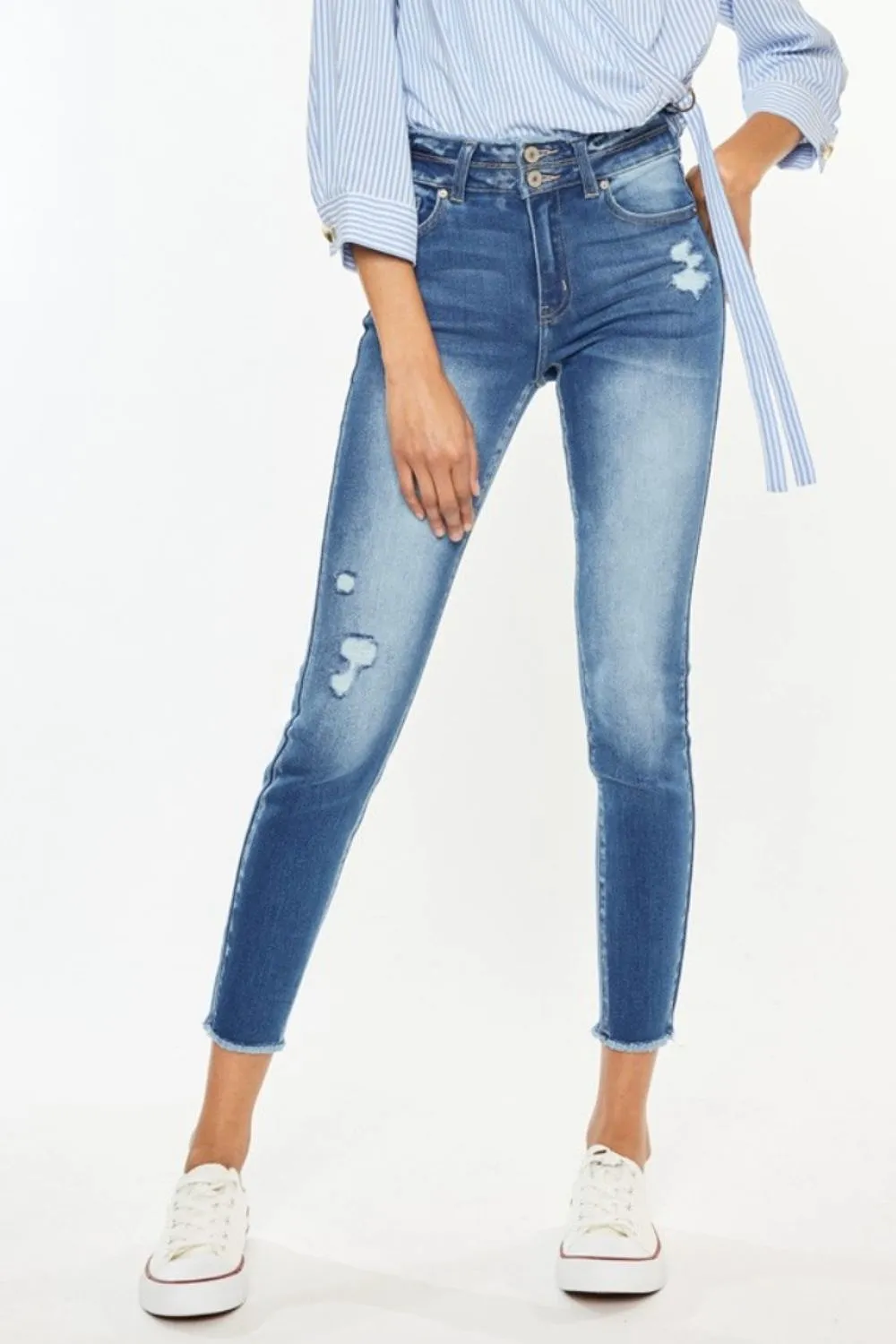 Distressed Raw Hem High Waist Jeans