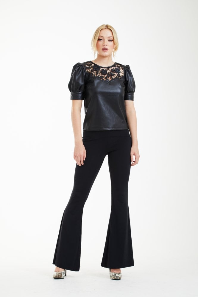 Double Second Black Vegan Leather Top With Embroidery Yoke