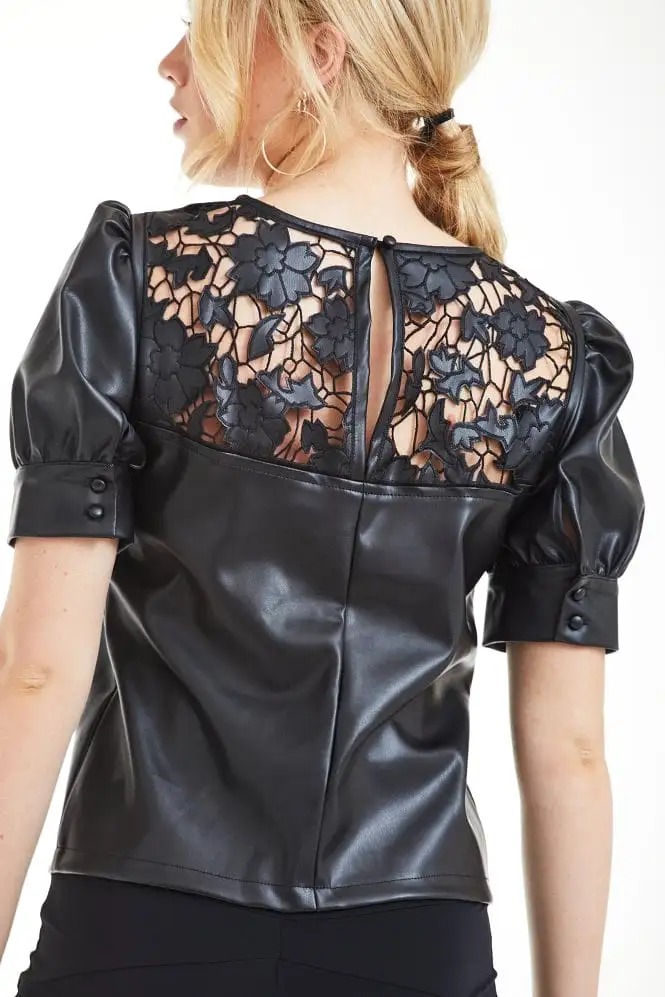 Double Second Black Vegan Leather Top With Embroidery Yoke