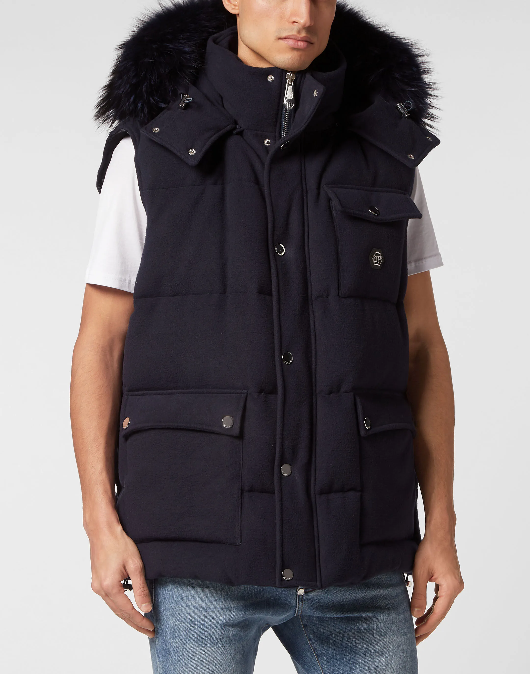 Down Jacket Vest With Fur Hood