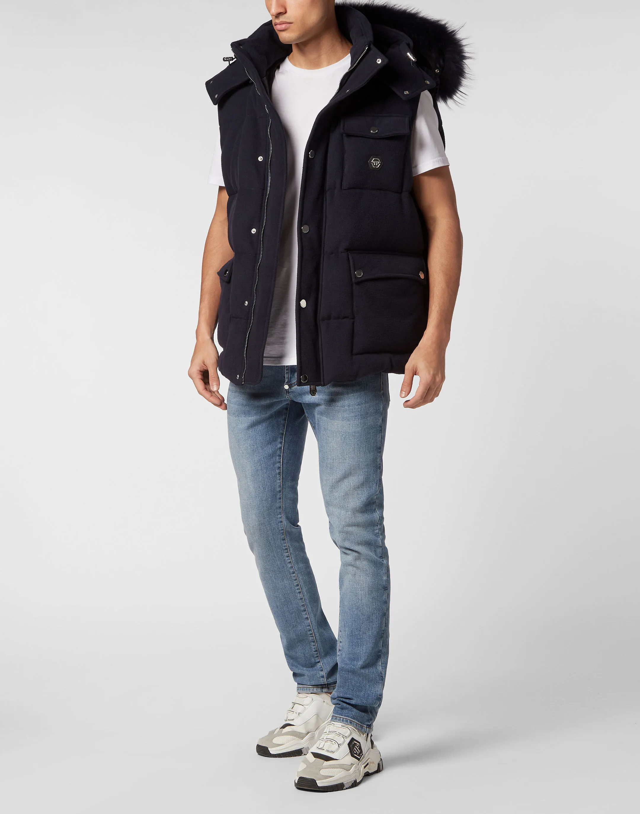 Down Jacket Vest With Fur Hood