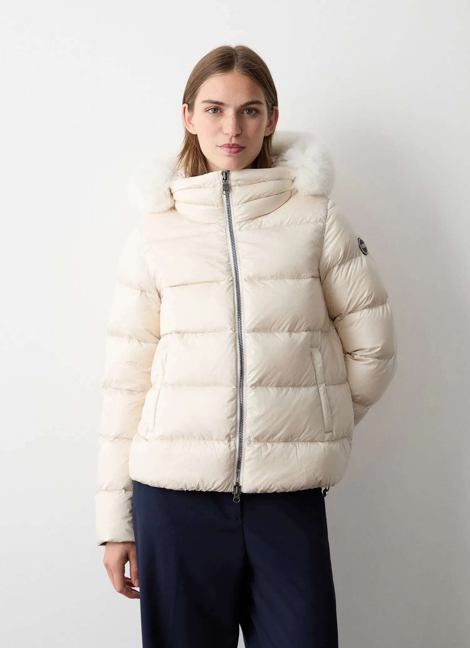 Down jacket with detachable faux fur hood-