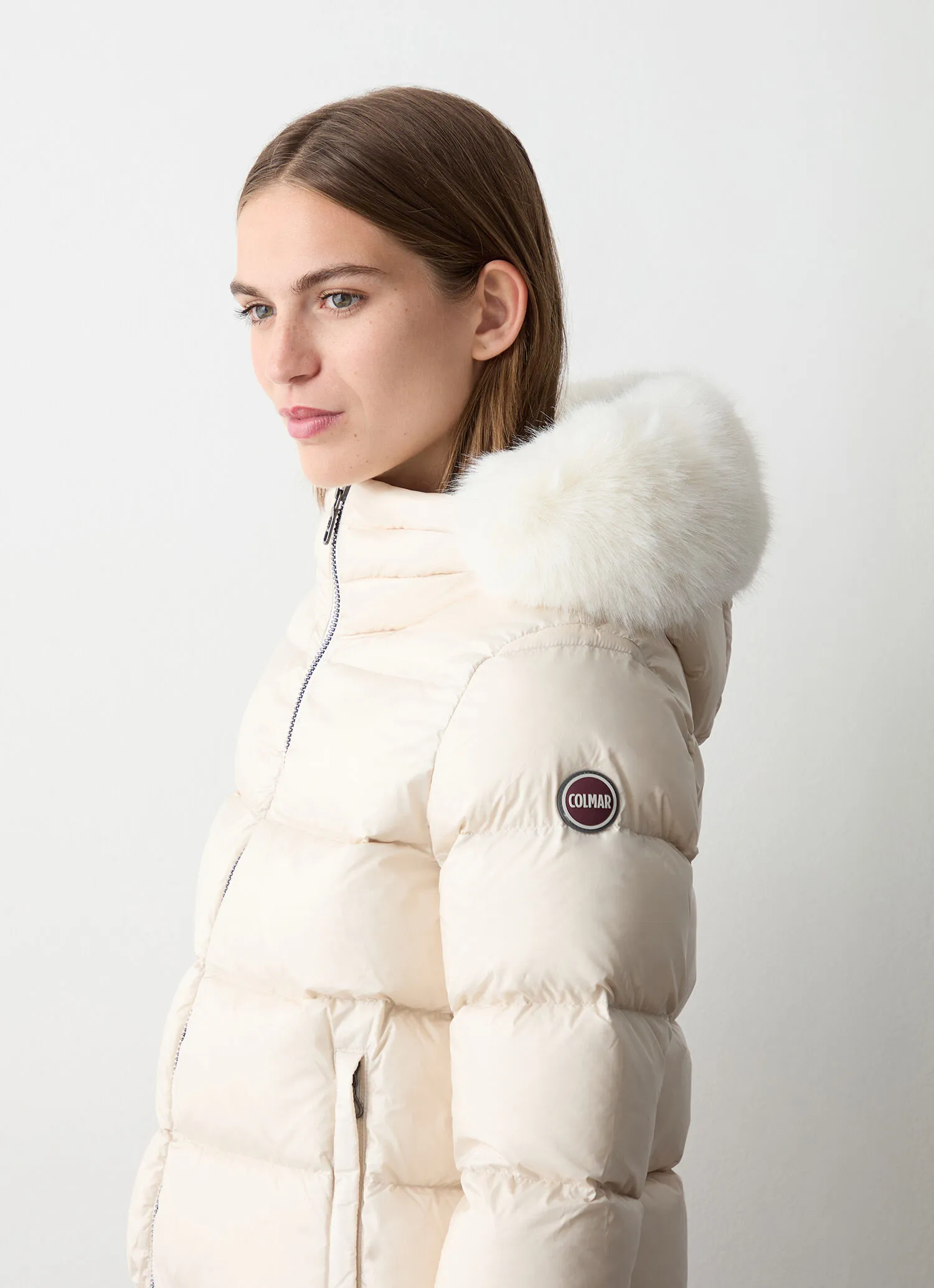 Down jacket with detachable faux fur hood-