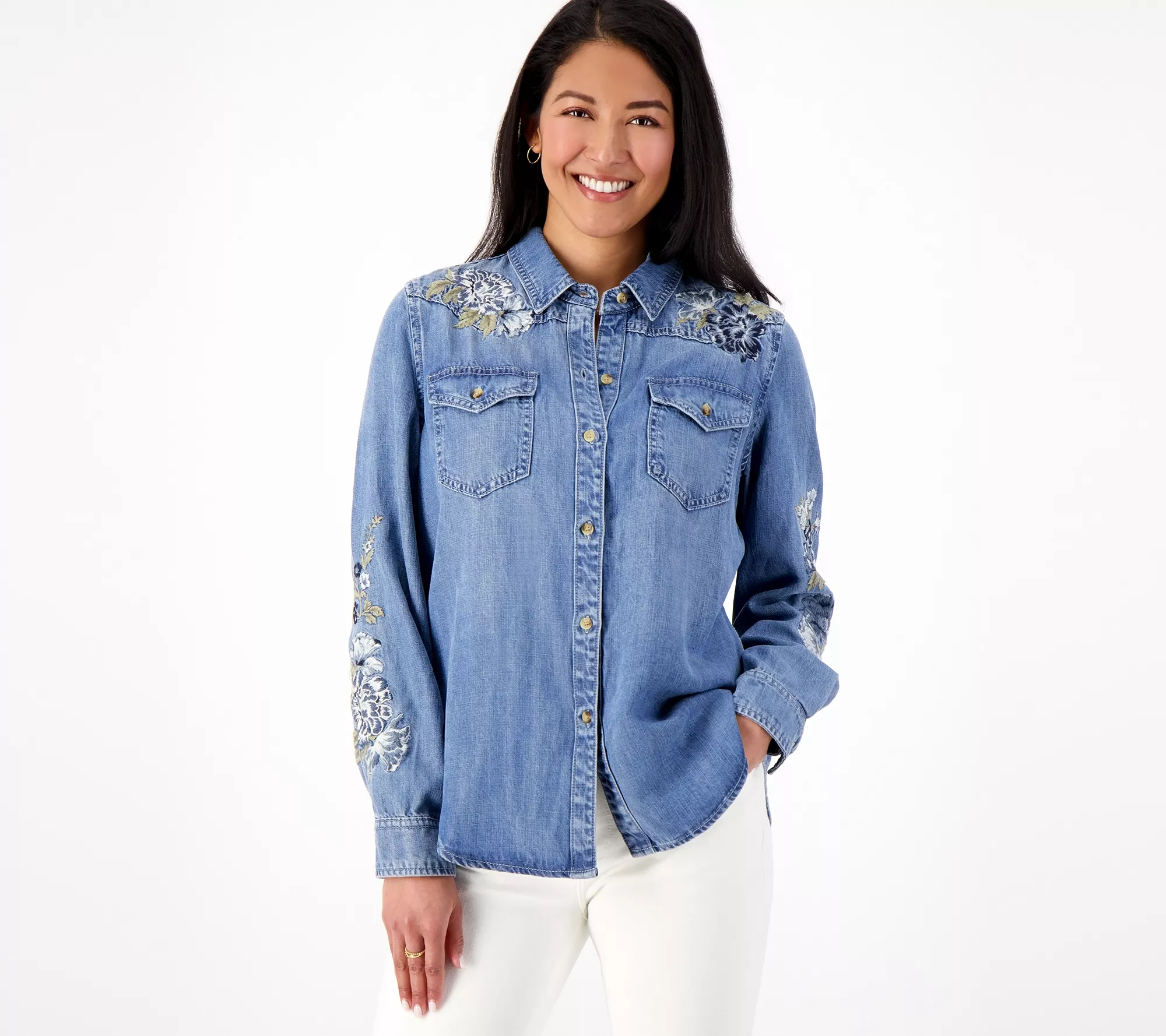 Driftwood Jeans LanaEmbroidered Denim Button Front Shirt- BlueBell Fleur