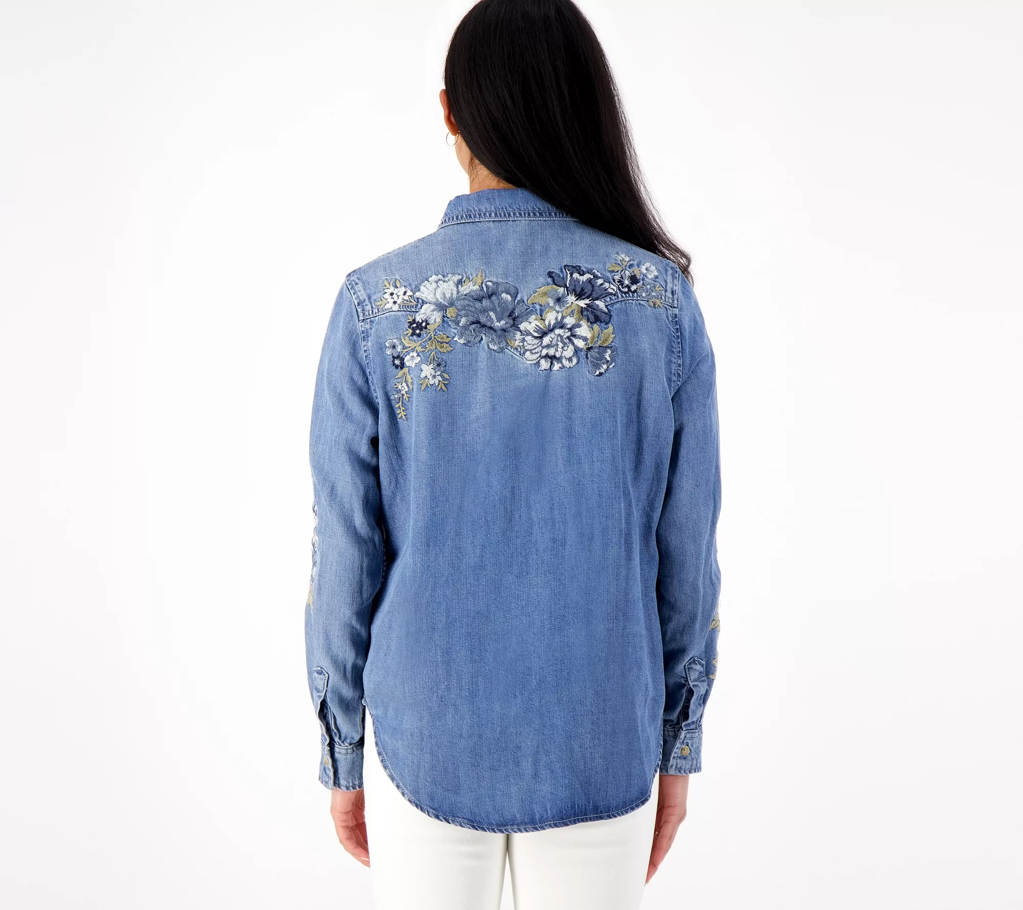 Driftwood Jeans LanaEmbroidered Denim Button Front Shirt- BlueBell Fleur