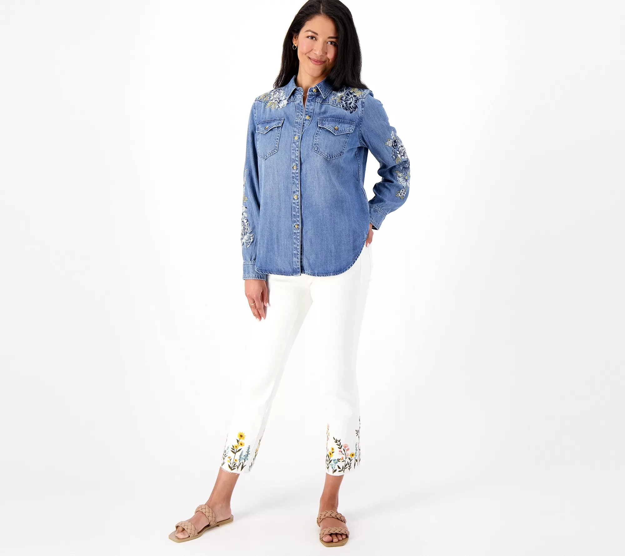 Driftwood Jeans LanaEmbroidered Denim Button Front Shirt- BlueBell Fleur