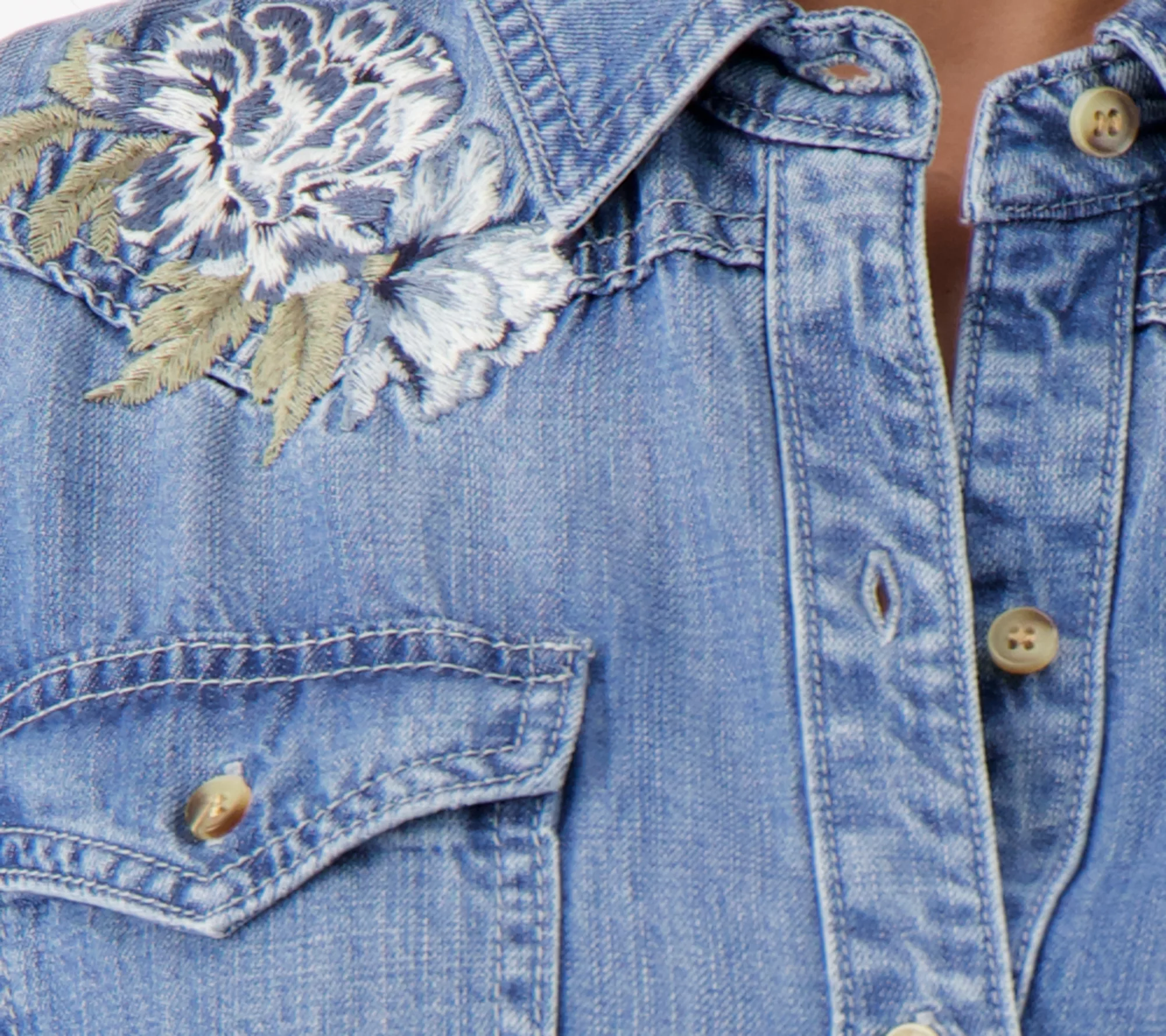 Driftwood Jeans LanaEmbroidered Denim Button Front Shirt- BlueBell Fleur