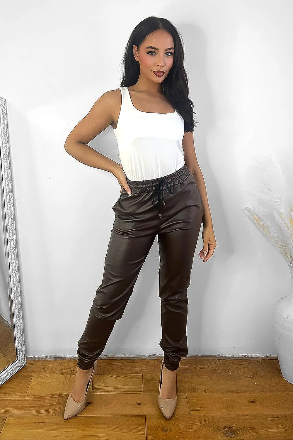 Elastic Waist And Cuffs Vegan Leather Trousers