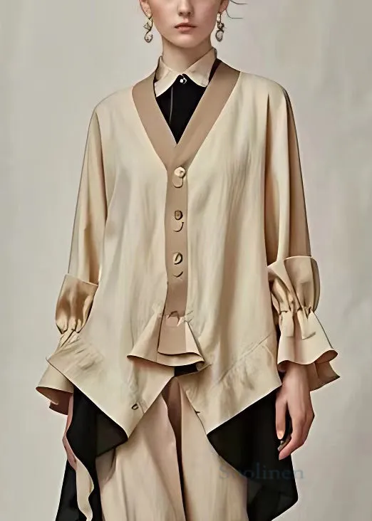 Elegant Khaki V Neck Button Cotton Coat Long Sleeve