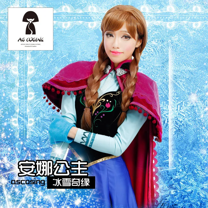 Famous Movie Princess Anna Cosplay Costume Halloween Christmas Uniform Outfit Party Dress Shirt+Vest+Skirt+Gloves+Cape