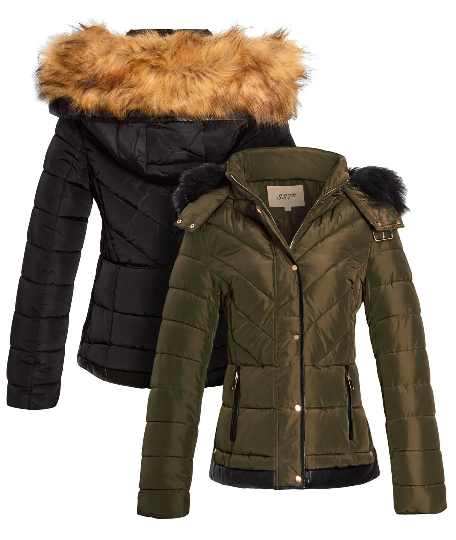 Faux Fur Hood Parka jacket, Khaki, Black, UK Sizes 8 to 16