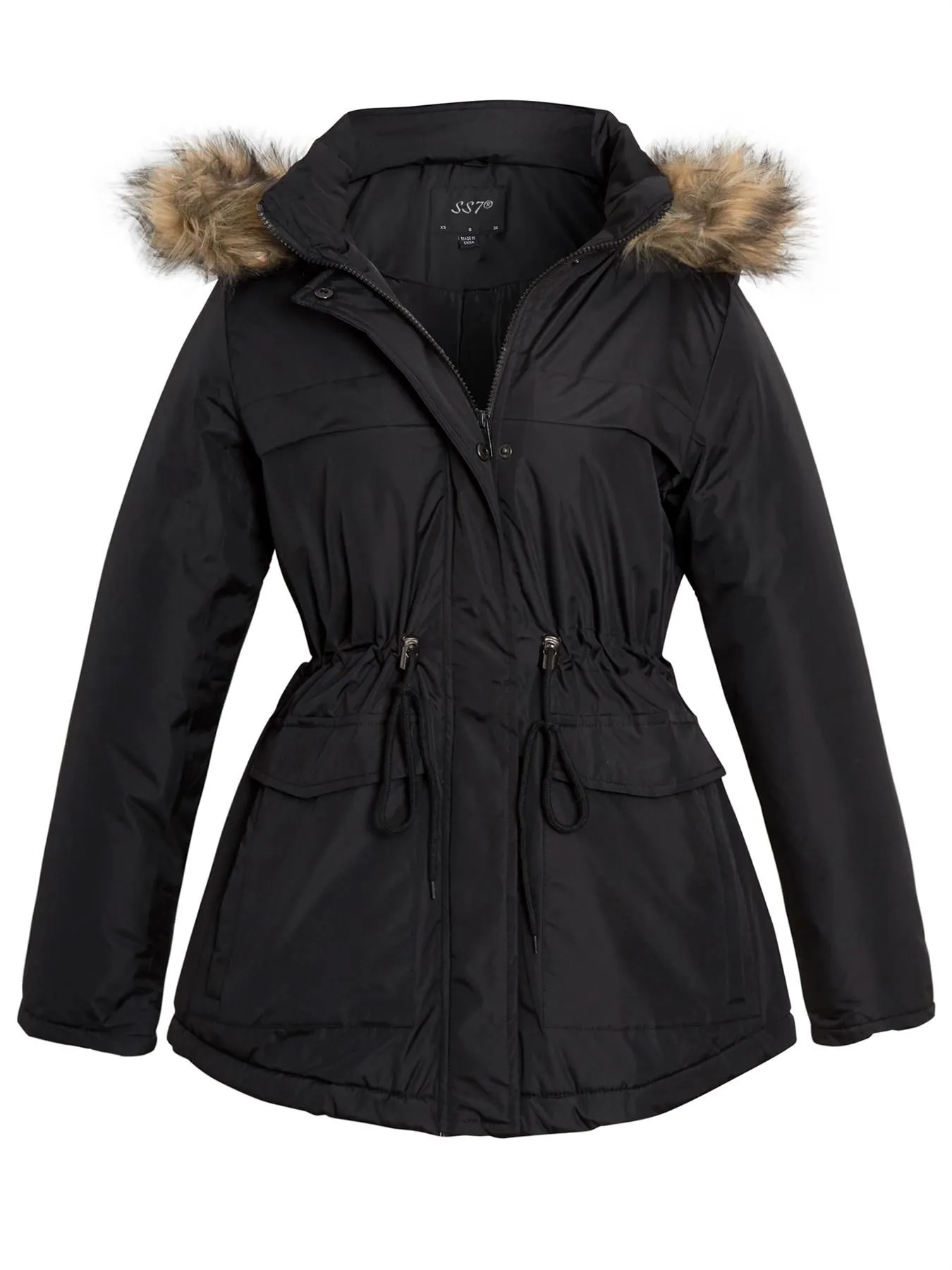 Faux Fur Timmed Hood Parka Jacket, Stone, Black, UK Sizes 8 to 16