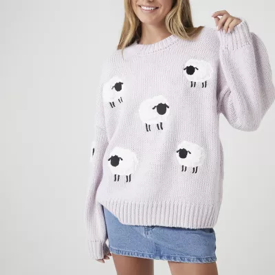 Forever 21 Juniors Sheep Womens Crew Neck Long Sleeve Animal Pullover Sweater