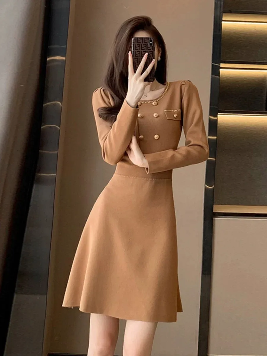 French style retro long-sleeved knitted dress for women 2023 autumn and winter new style with coat and bottoming skirt