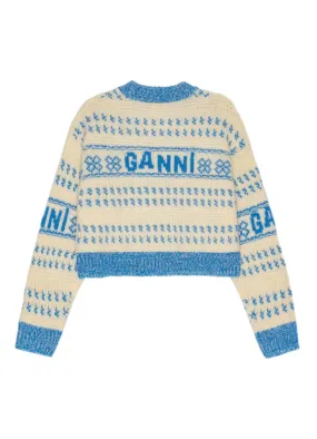 Ganni Graphic Lambswool Cropped O-Neck Sweater