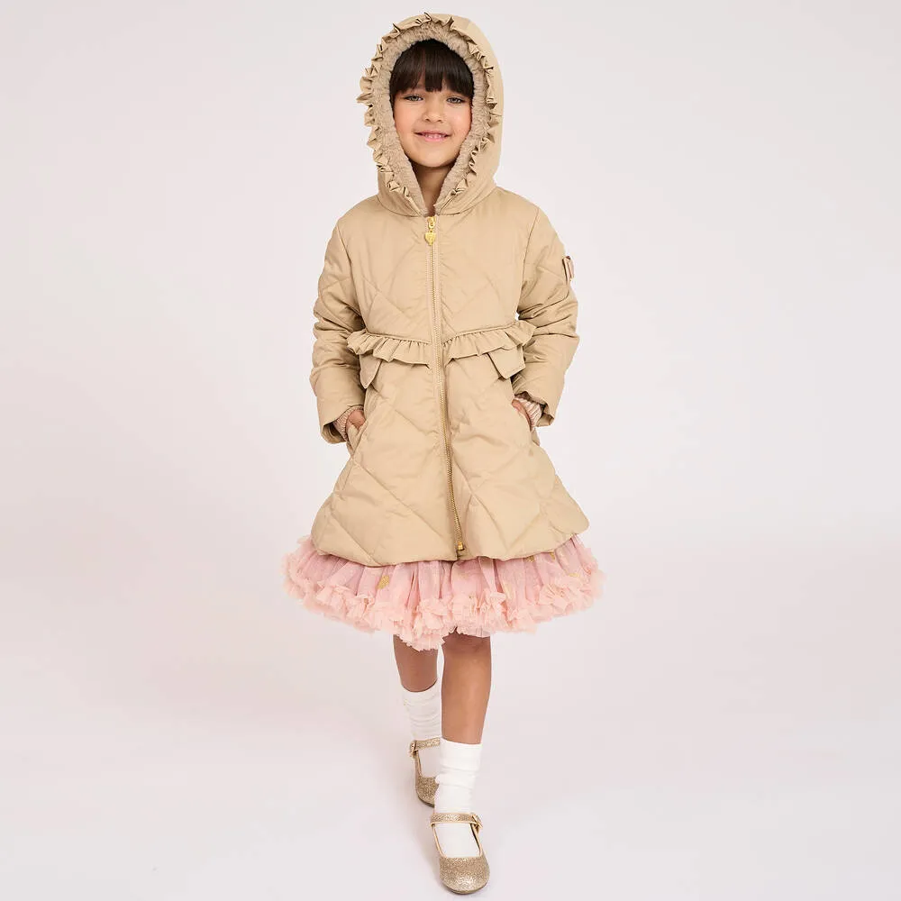 Girls Beige Quilted Coat