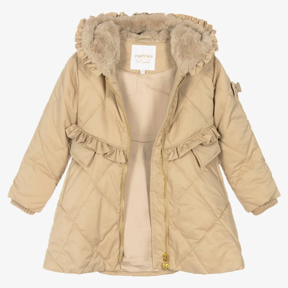 Girls Beige Quilted Coat