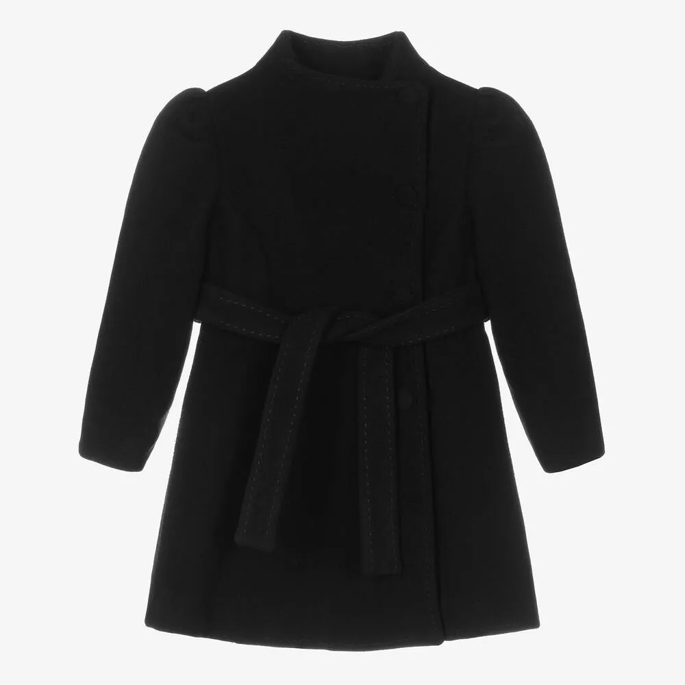 Girls Black Wool Belted Coat