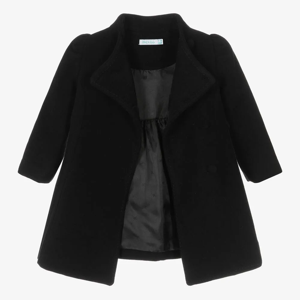 Girls Black Wool Belted Coat